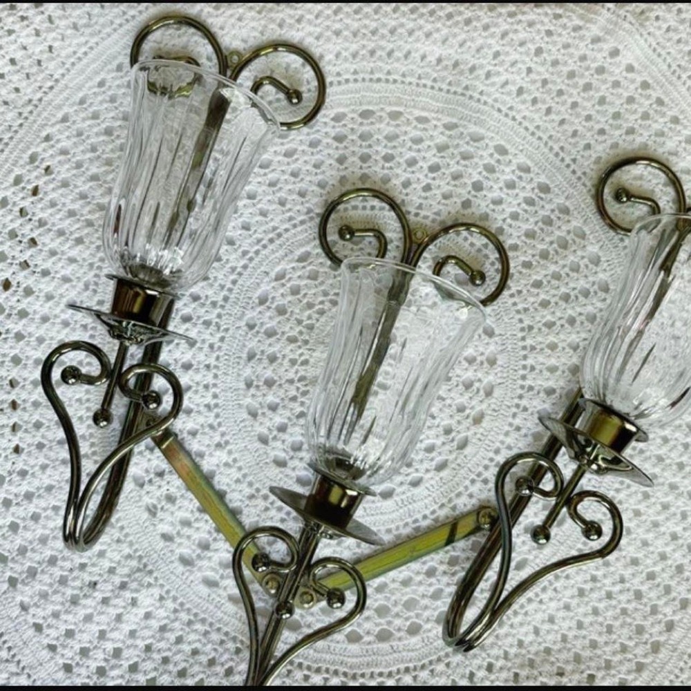 Vintage Victorian Brass Heart Crystal Wall Scones